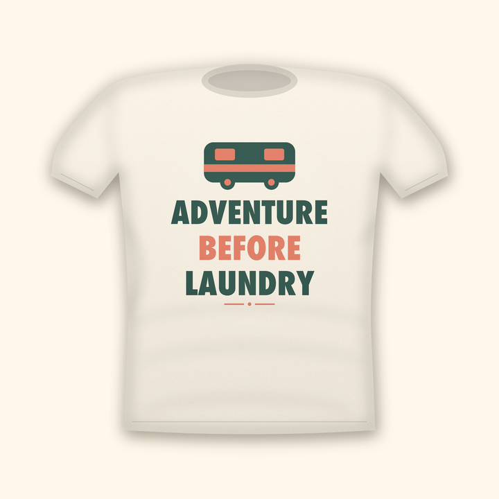Adventure Before Laundry camping t-shirt — cream tee mockup