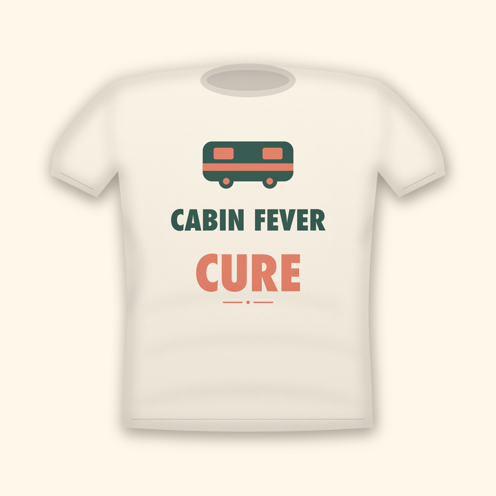 Cabin Fever Cure camping t-shirt — cream tee mockup