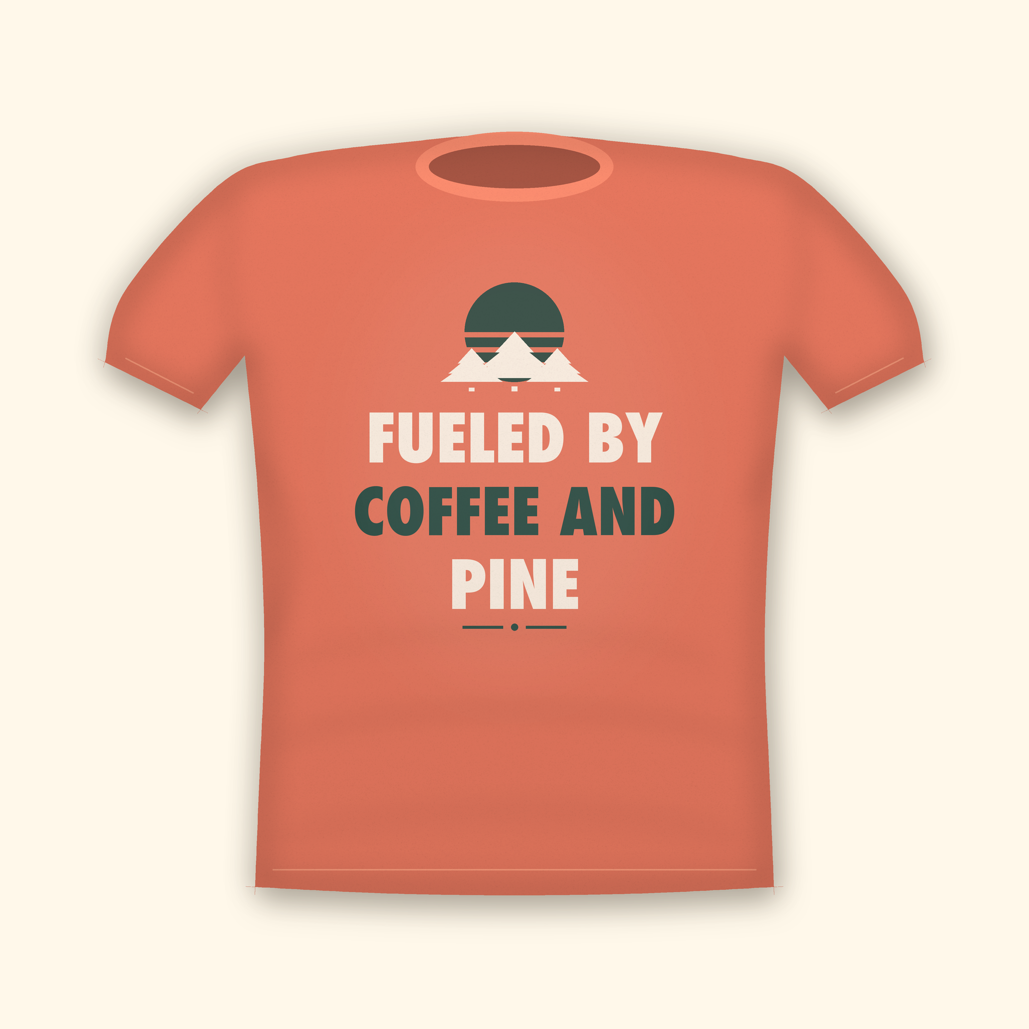 Fueled By Coffee And Pine camping t-shirt — coral tee mockup