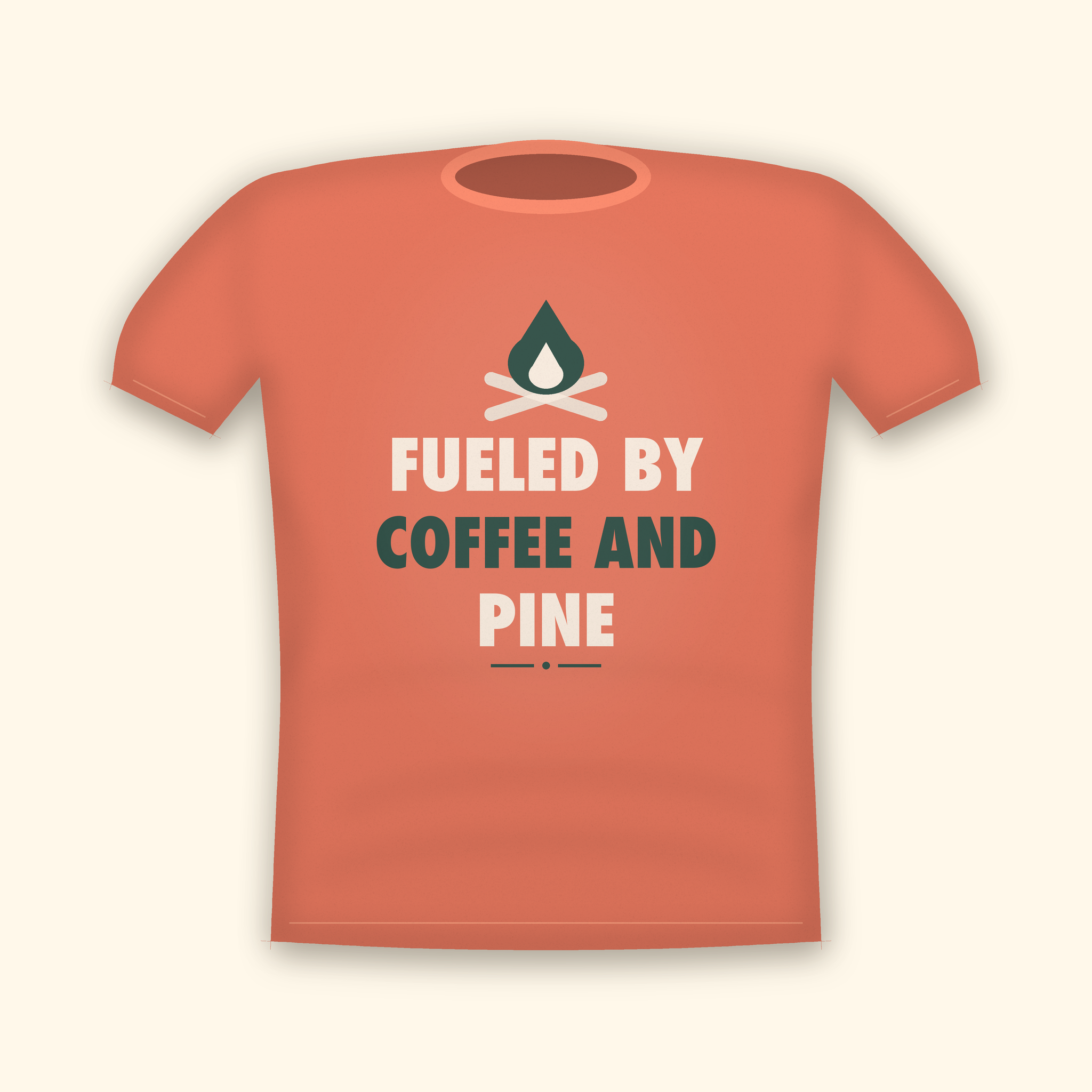 Fueled By Coffee And Pine camping t-shirt — coral tee mockup