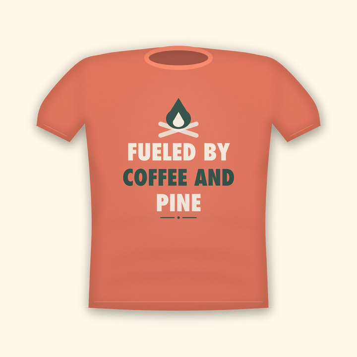 Fueled By Coffee And Pine camping t-shirt — coral tee mockup