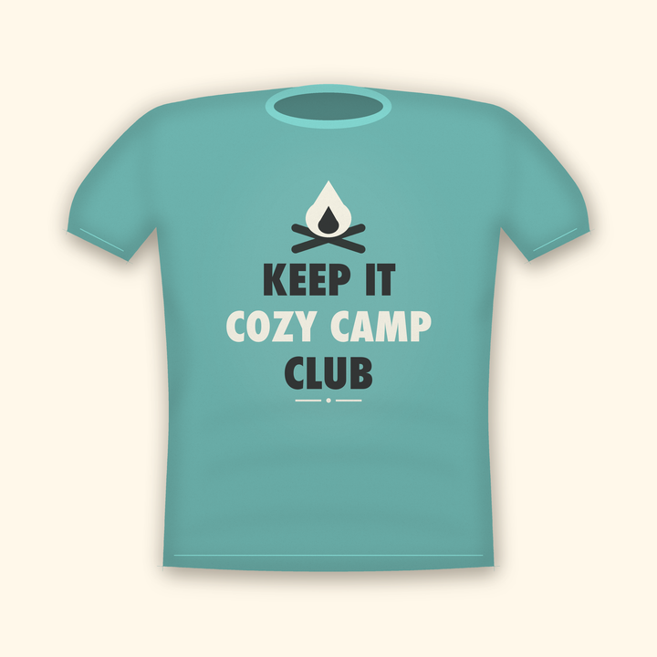 Keep It Cozy Camp Club camping t-shirt — teal tee mockup
