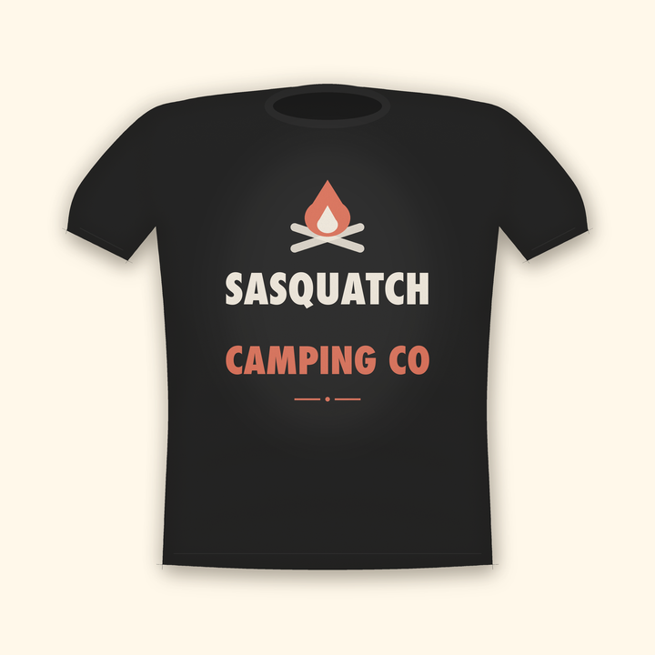 Sasquatch Camping Co camping t-shirt — charcoal tee mockup