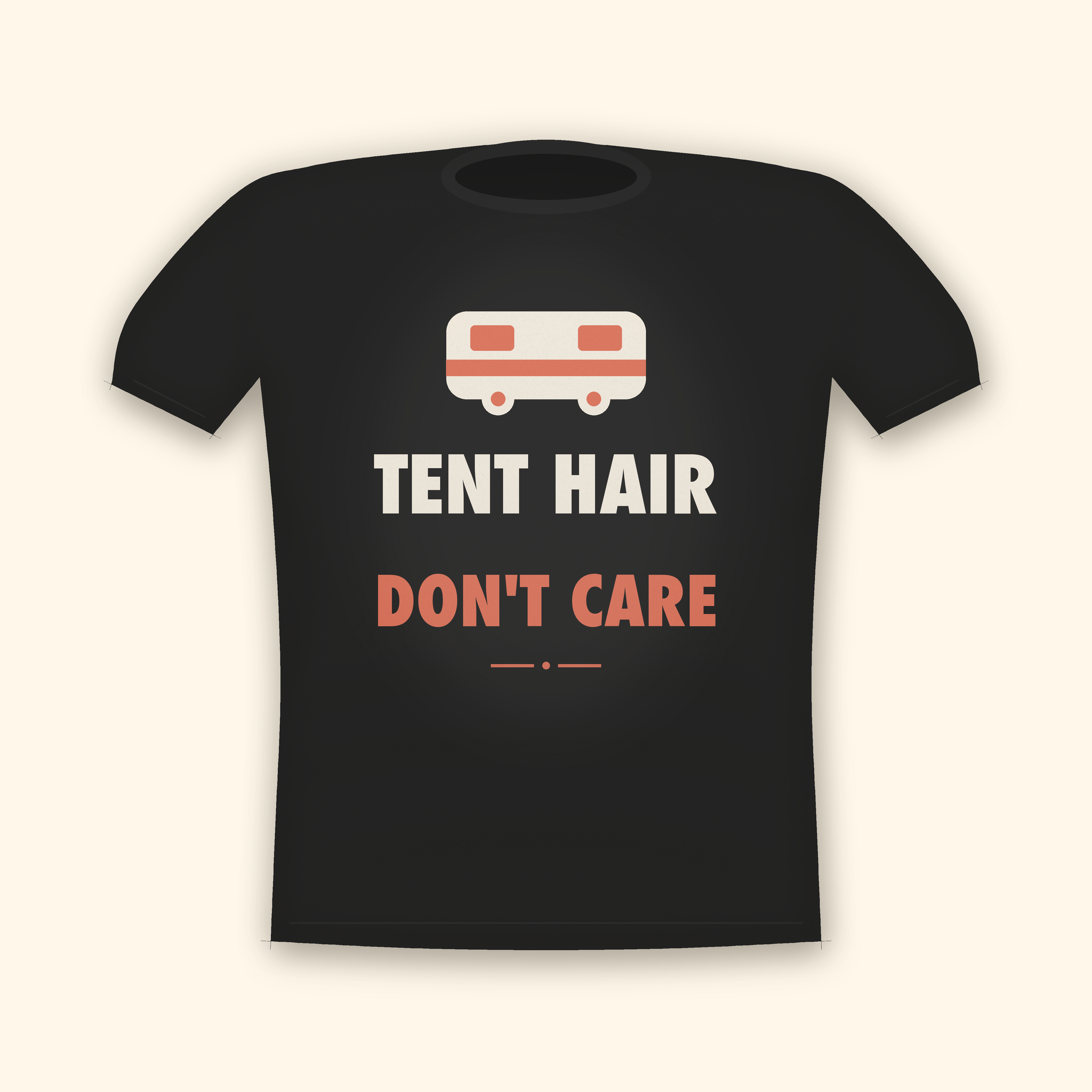 Tent Hair Don't Care camping t-shirt — charcoal tee mockup