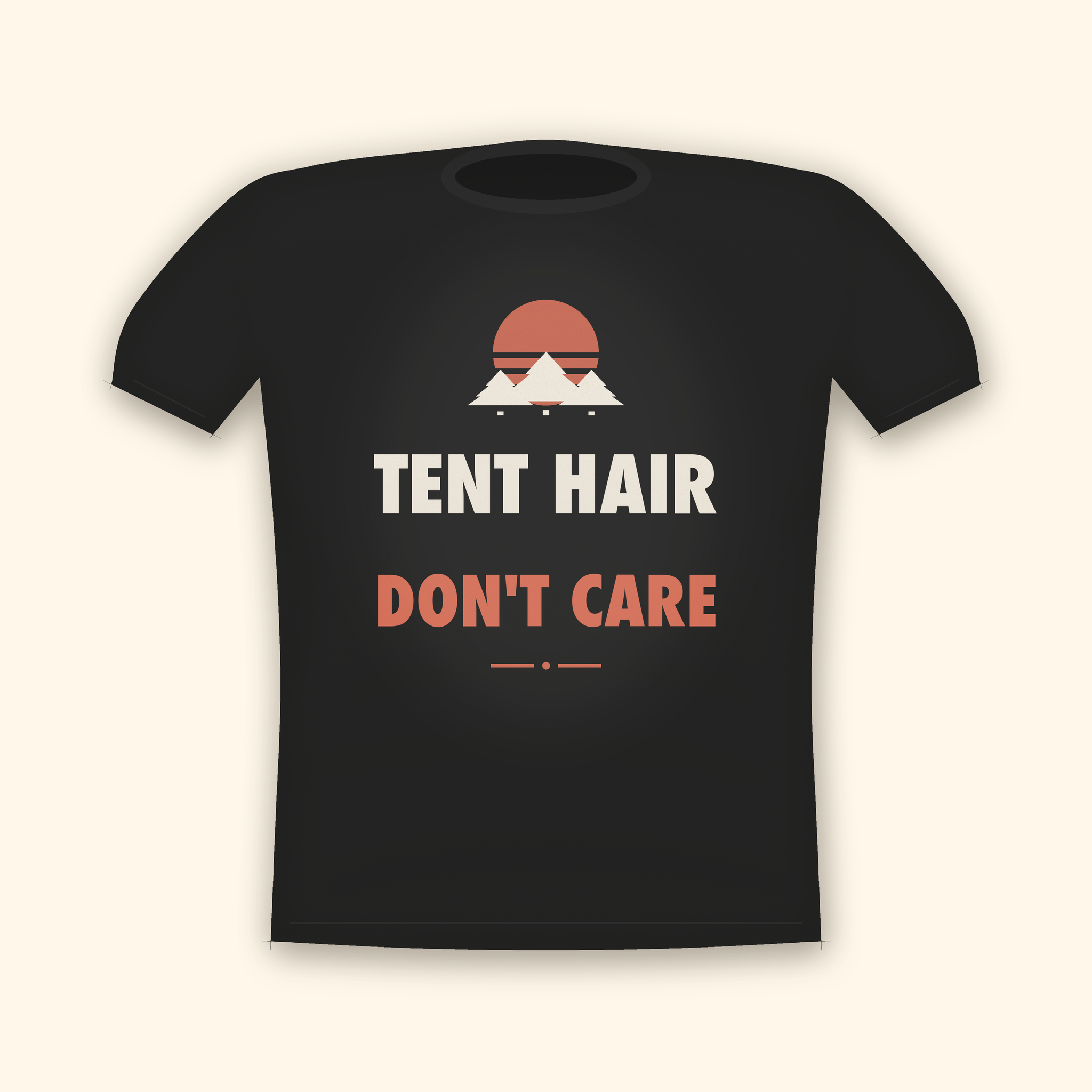 Tent Hair Don't Care camping t-shirt — charcoal tee mockup