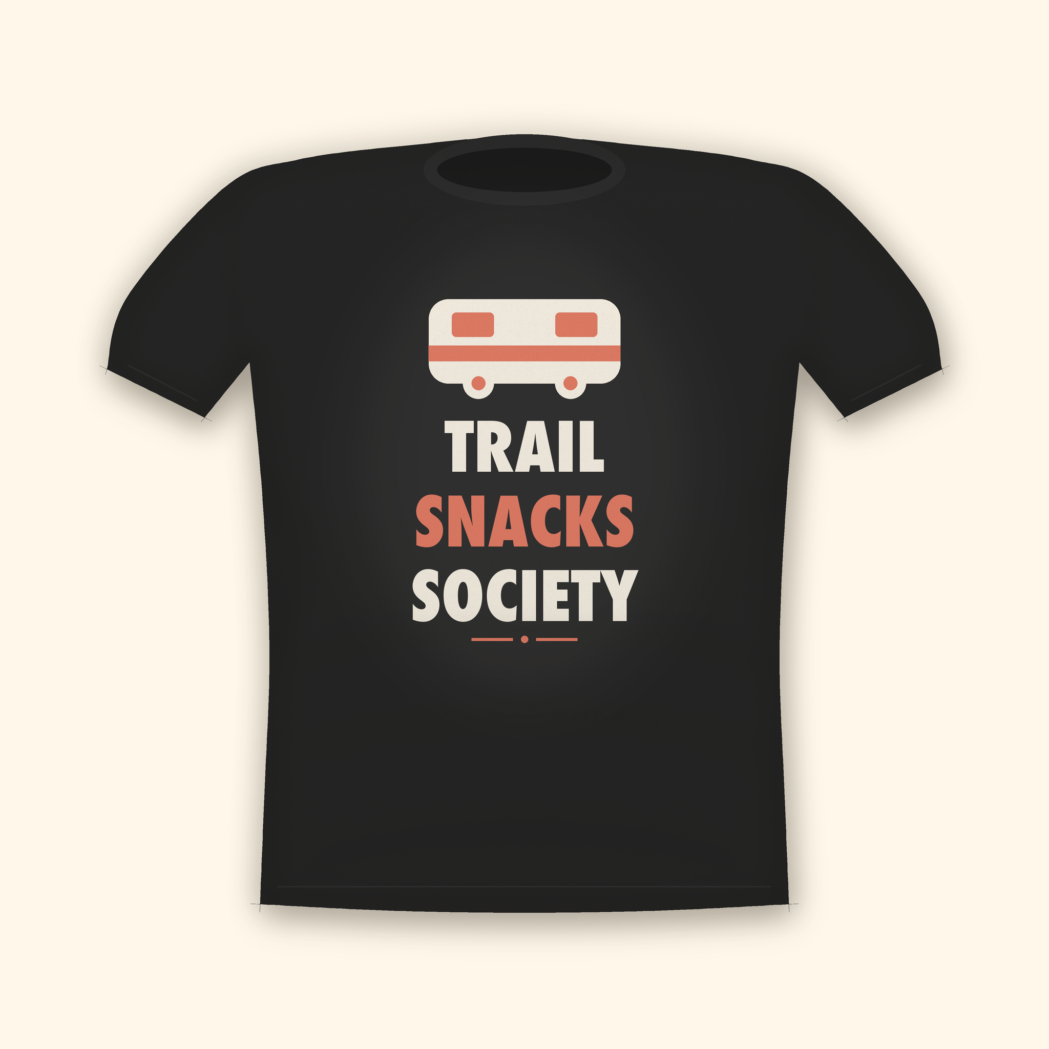 Trail Snacks Society camping t-shirt — charcoal tee mockup