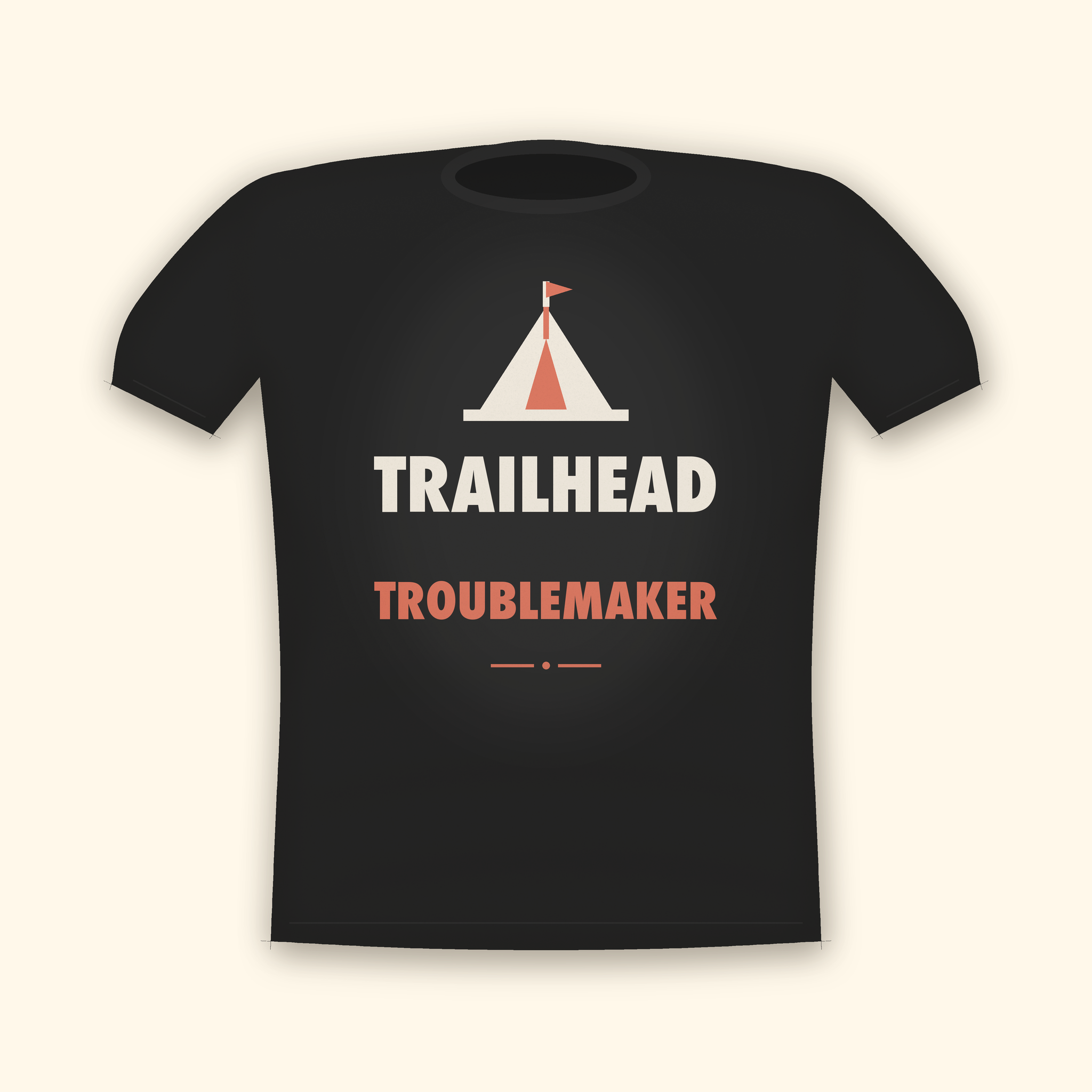 Trailhead Troublemaker camping t-shirt — charcoal tee mockup